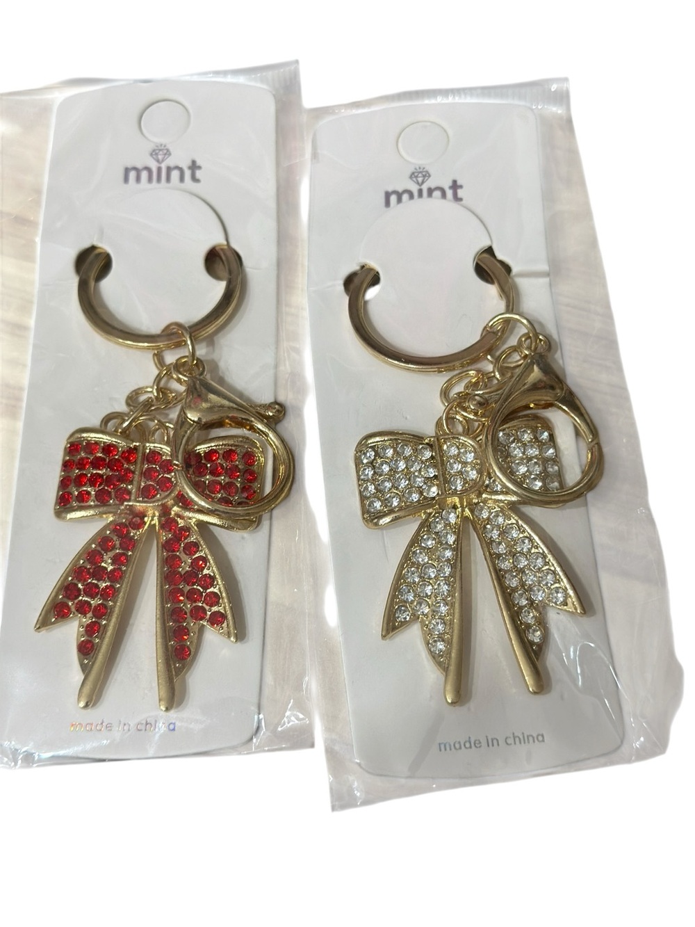 Mint Gold Bow Key & Card Holder with Red and Clear Rhinestones